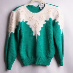 Christine VTG 80s Angora Wool Blend Pearl Beaded Sweater Teal Green White L Glam